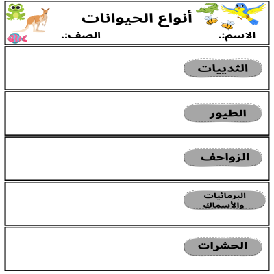 مطوية أنواع الحيوانات صف ثاني الفصل الدراسي الأول 