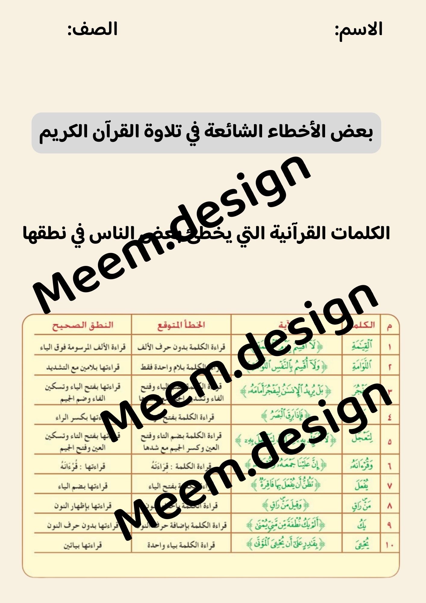 مطوية بعض الأخطاء الشائعة في تلاوة القران الكريم صف رابع الفصل الدراسي الثاني 
