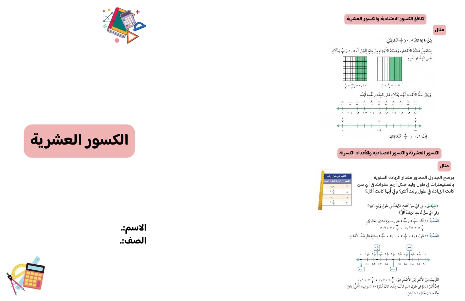 مطوية الكسور العشرية صف رابع الفصل الدراسي الثاني 